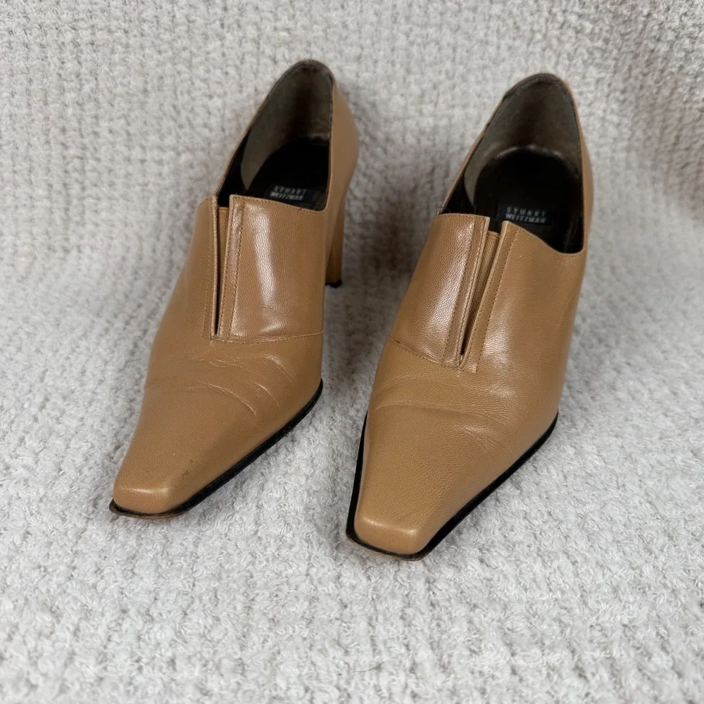 Stuart Weitzman Tan Leather Square‎ Toe Block Heel Pumps 6.5B Y2K Bootie Classic